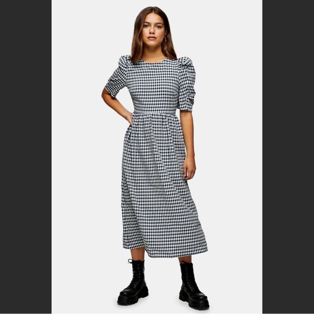 NWT Topshop PETITE Gingham Cross Back Smock Midi